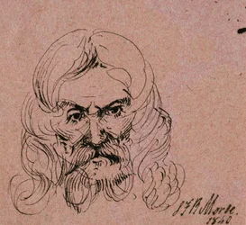Náčrt hlavy vousatého muže s dlouhými vlasy, 1840 (pero a černý inkoust na růžovém tkaném papíře)